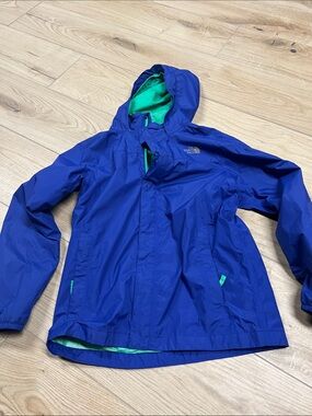 The North Face Blue Hooded Kids Rain Jacket with Green Lining